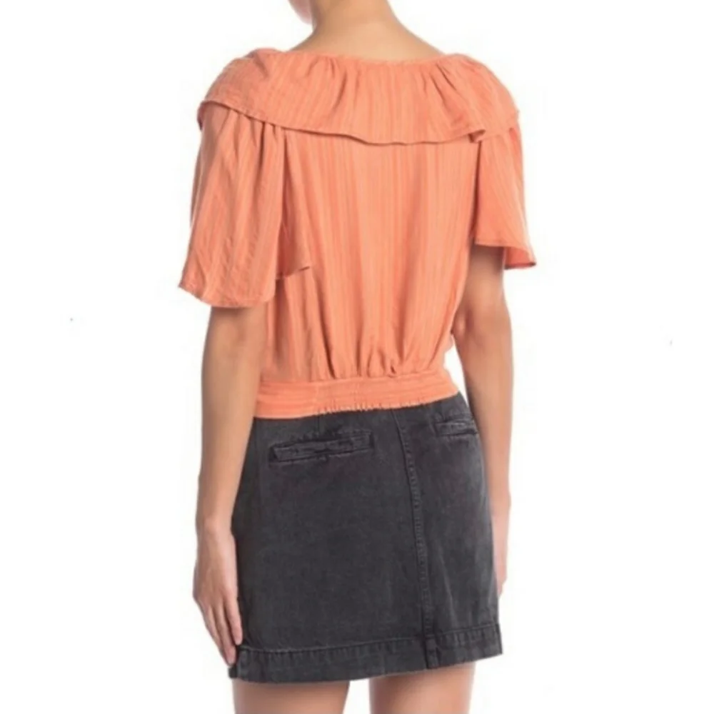 FREE PEOPLE Rosemary Ruffle Peasant Boho Tie Front Top Coral Stripe NWT